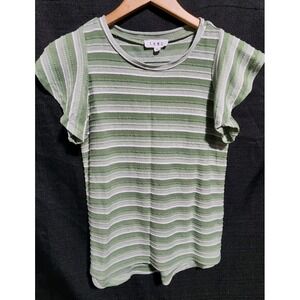 THML Anthropologie Stripe Ruffle Sleeve Peasant Top Sz XS Green Shirt Ribbed NEW